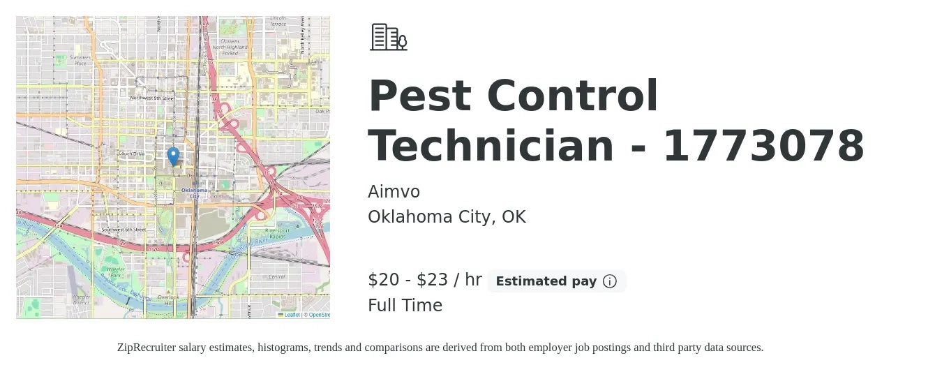 Aimvo job posting for a Pest Control Technician - 1773078 in Oklahoma City, OK with a salary of $21 to $24 Hourly with a map of Oklahoma City location.