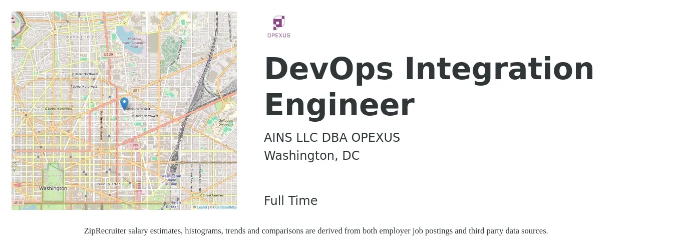 AINS LLC DBA OPEXUS job posting for a DevOps Integration Engineer in Washington, DC with a salary of $60 to $82 Hourly with a map of Washington location.
