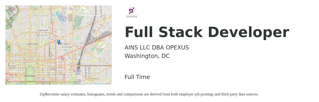AINS LLC DBA OPEXUS job posting for a Full Stack Developer in Washington, DC with a salary of $58 to $80 Hourly with a map of Washington location.