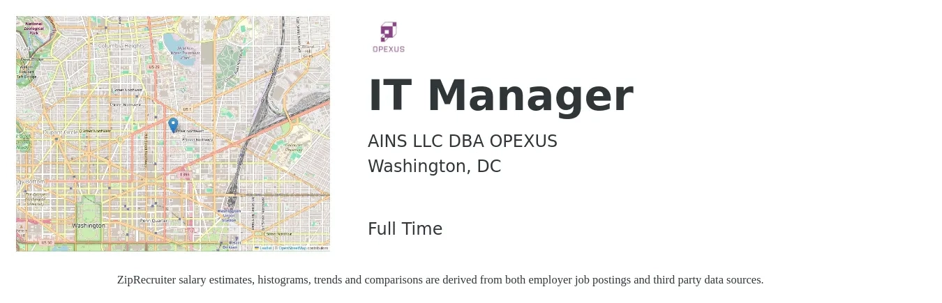 AINS LLC DBA OPEXUS job posting for a IT Manager in Washington, DC with a salary of $107,300 to $131,600 Yearly with a map of Washington location.