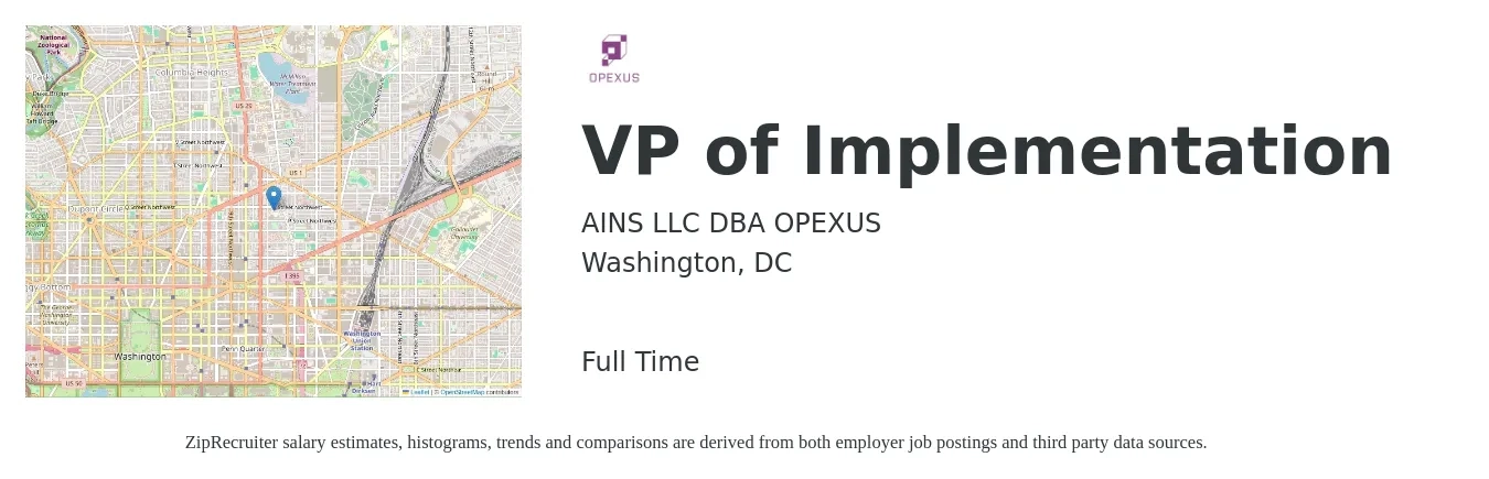 AINS LLC DBA OPEXUS job posting for a VP of Implementation in Washington, DC with a salary of $85,300 to $136,600 Yearly with a map of Washington location.