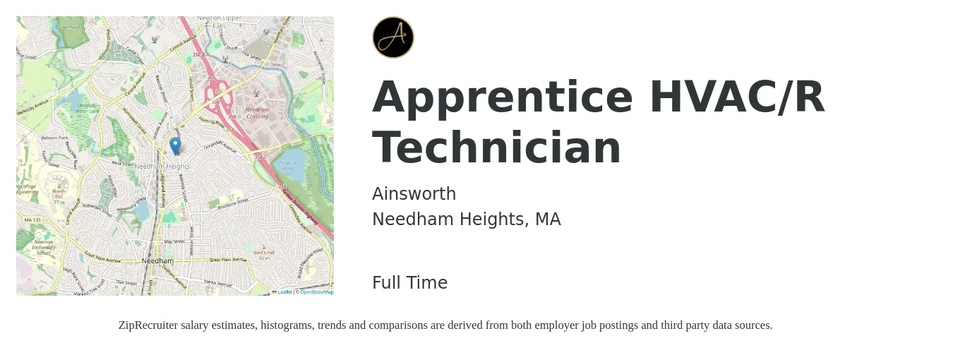 Ainsworth job posting for a Apprentice HVAC/R Technician in Needham Heights, MA with a salary of $25 to $36 Hourly with a map of Needham Heights location.