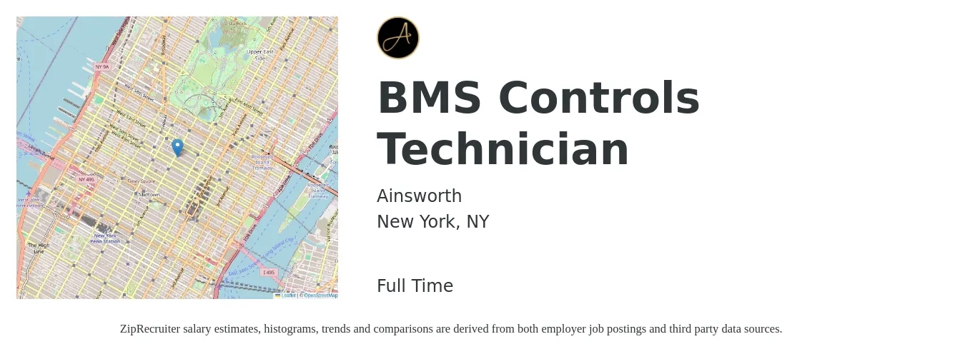 Ainsworth job posting for a BMS Controls Technician in New York, NY with a salary of $33 to $43 Hourly with a map of New York location.