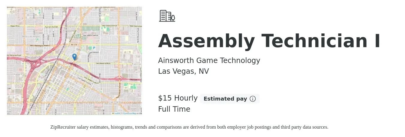 Ainsworth Game Technology job posting for a Assembly Technician I in Las Vegas, NV with a salary of $16 Hourly with a map of Las Vegas location.
