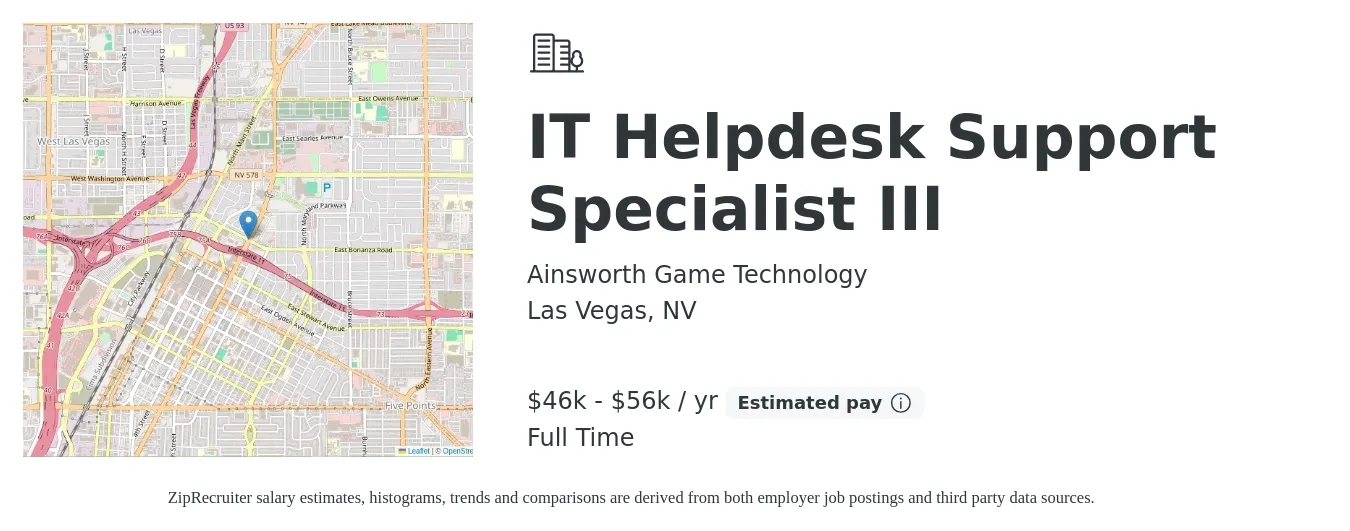 Ainsworth Game Technology job posting for a IT Helpdesk Support Specialist III in Las Vegas, NV with a salary of $46,000 to $56,000 Yearly with a map of Las Vegas location.