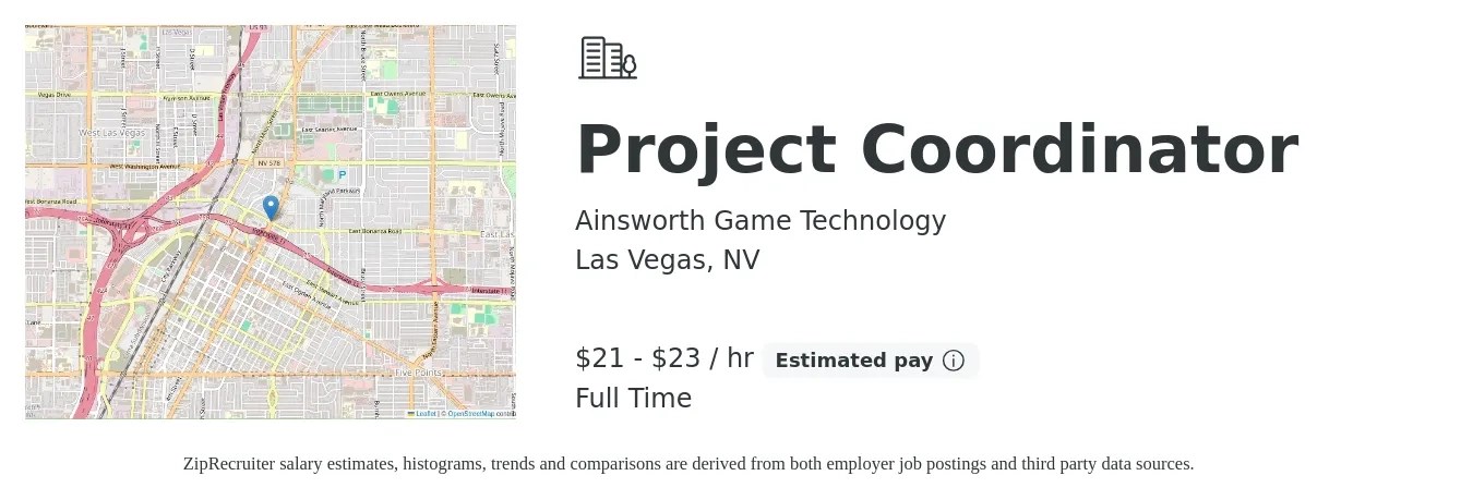 Ainsworth Game Technology job posting for a Project Coordinator in Las Vegas, NV with a salary of $22 to $24 Hourly with a map of Las Vegas location.
