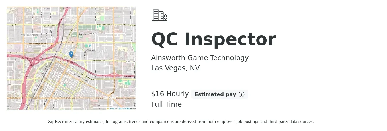 Ainsworth Game Technology job posting for a QC Inspector in Las Vegas, NV with a salary of $18 Hourly with a map of Las Vegas location.