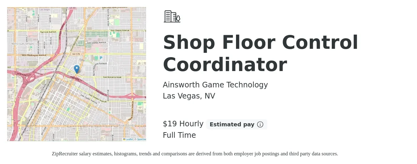 Ainsworth Game Technology job posting for a Shop Floor Control Coordinator in Las Vegas, NV with a salary of $20 Hourly with a map of Las Vegas location.