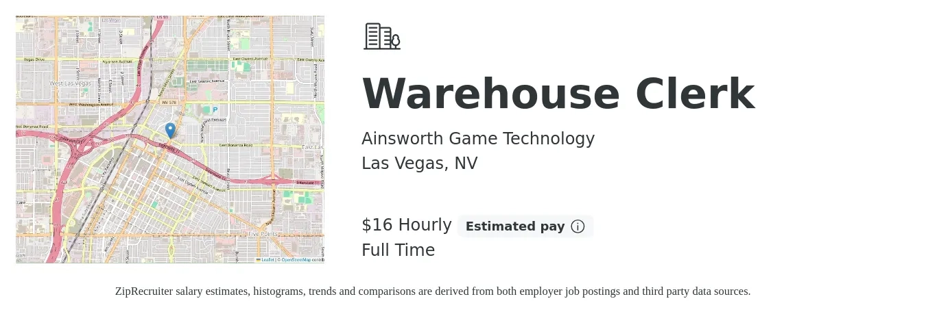 Ainsworth Game Technology job posting for a Warehouse Clerk in Las Vegas, NV with a salary of $17 Hourly with a map of Las Vegas location.