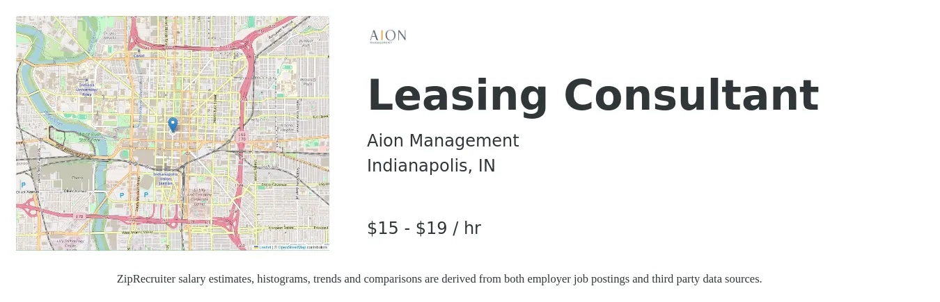 AION Management LLC job posting for a Leasing Consultant in Indianapolis, IN with a salary of $16 to $20 Hourly with a map of Indianapolis location.