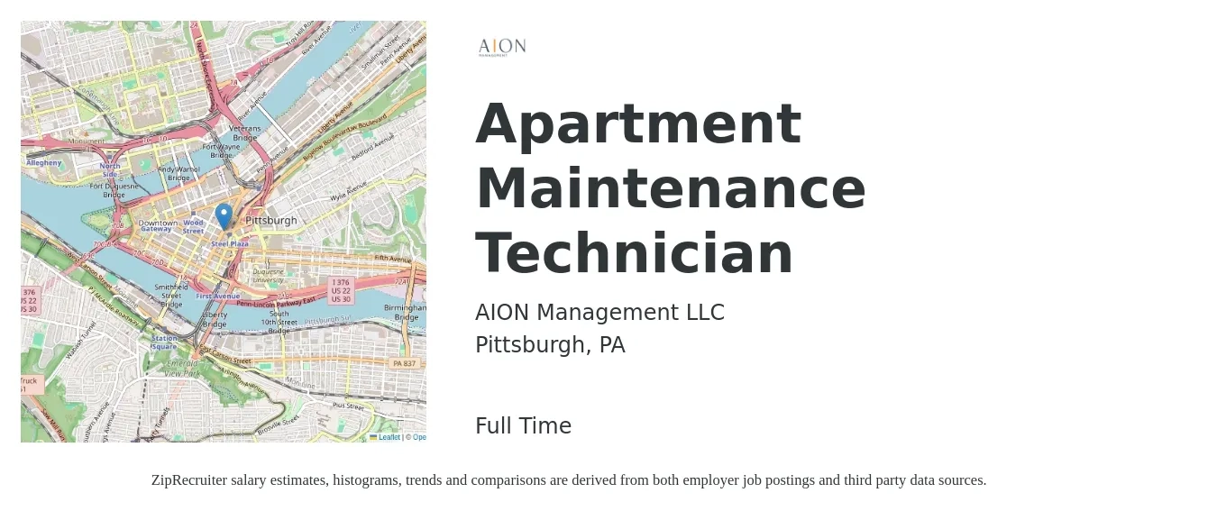 AION Management LLC job posting for a Apartment Maintenance Technician in Pittsburgh, PA with a salary of $18 to $22 Hourly with a map of Pittsburgh location.