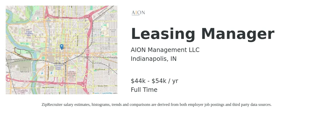 AION Management LLC job posting for a Leasing Manager in Indianapolis, IN with a salary of $44,000 to $54,000 Yearly with a map of Indianapolis location.