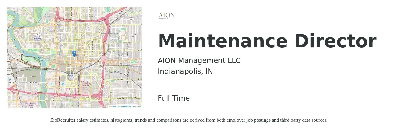AION Management LLC job posting for a Maintenance Director in Indianapolis, IN with a salary of $50,200 to $83,600 Yearly with a map of Indianapolis location.