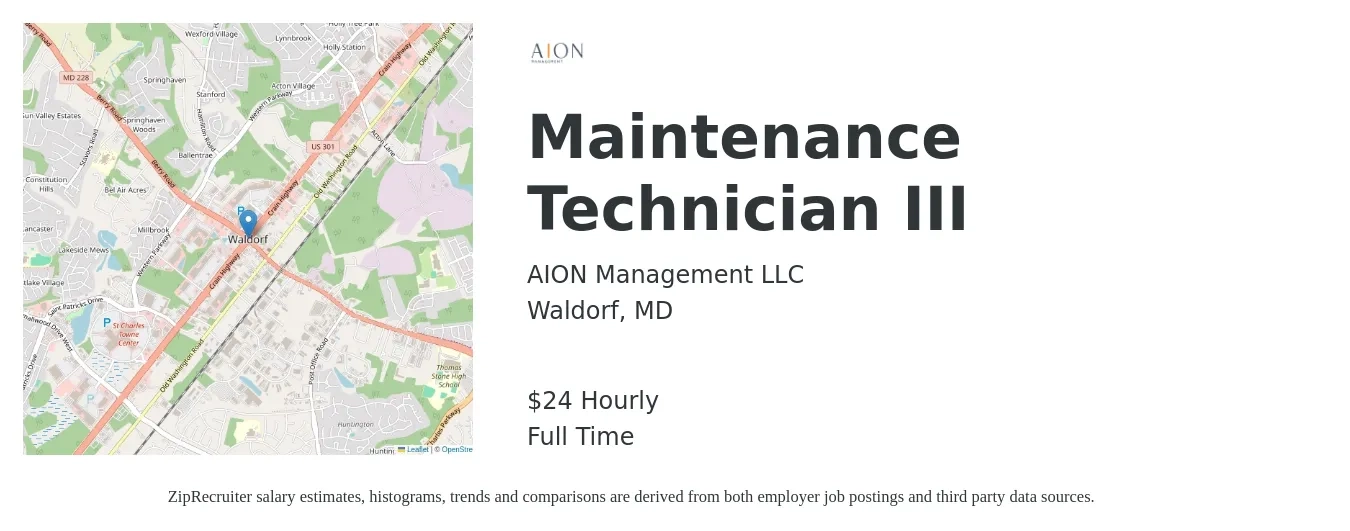 AION Management LLC job posting for a Maintenance Technician III in Waldorf, MD with a salary of $25 Hourly with a map of Waldorf location.