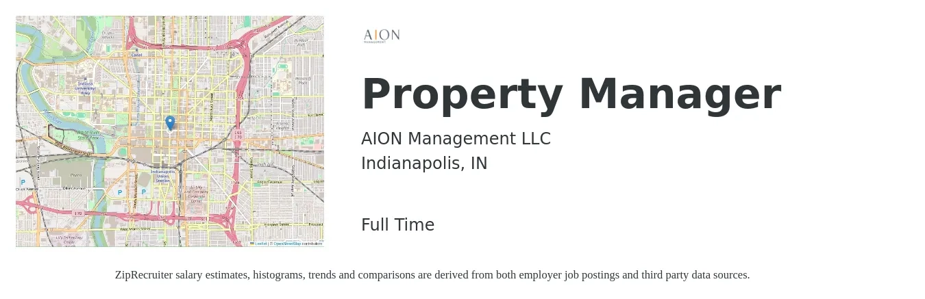 AION Management LLC job posting for a Property Manager in Indianapolis, IN with a salary of $42,100 to $65,000 Yearly with a map of Indianapolis location.