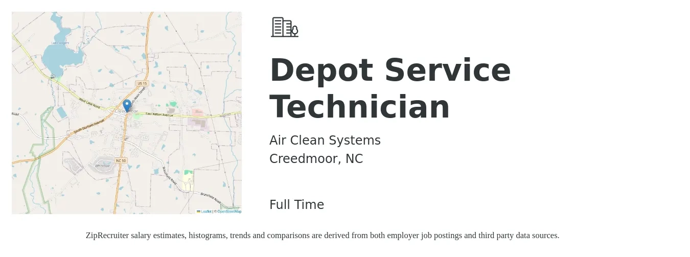 Air Clean Systems job posting for a Depot Service Technician in Creedmoor, NC with a salary of $14 to $21 Hourly with a map of Creedmoor location.