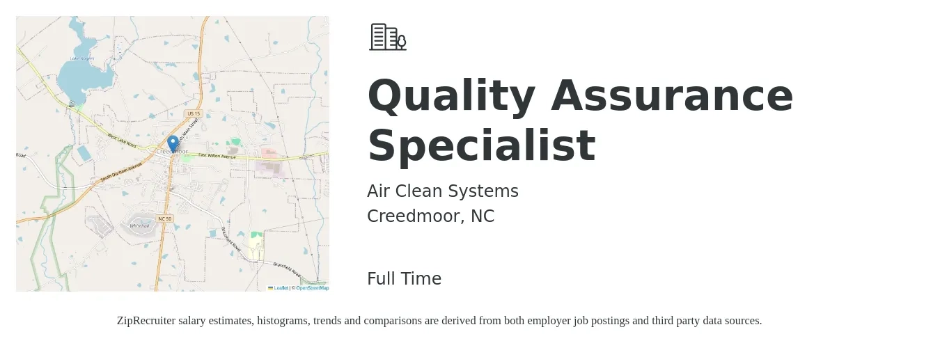 Air Clean Systems job posting for a Quality Assurance Specialist in Creedmoor, NC with a salary of $40,900 to $60,700 Yearly with a map of Creedmoor location.