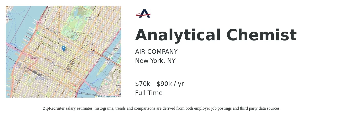 AIR COMPANY job posting for a Analytical Chemist in New York, NY with a salary of $70,000 to $90,000 Yearly with a map of New York location.