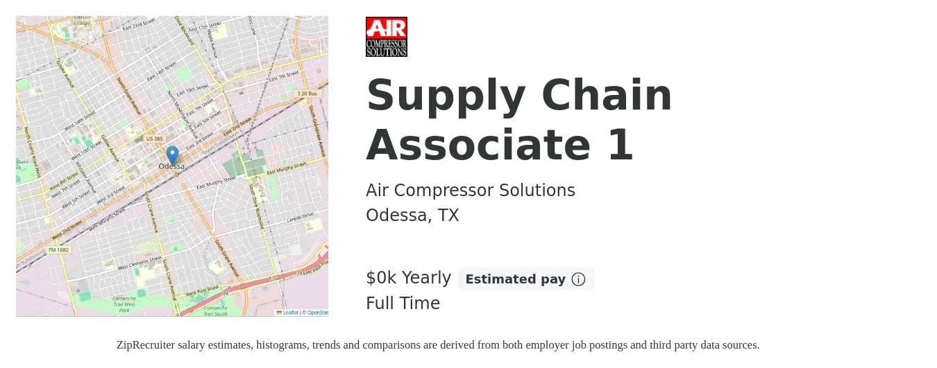 Air Compressor Solutions job posting for a Supply Chain Associate 1 in Odessa, TX with a salary of $24 to $28 Yearly with a map of Odessa location.