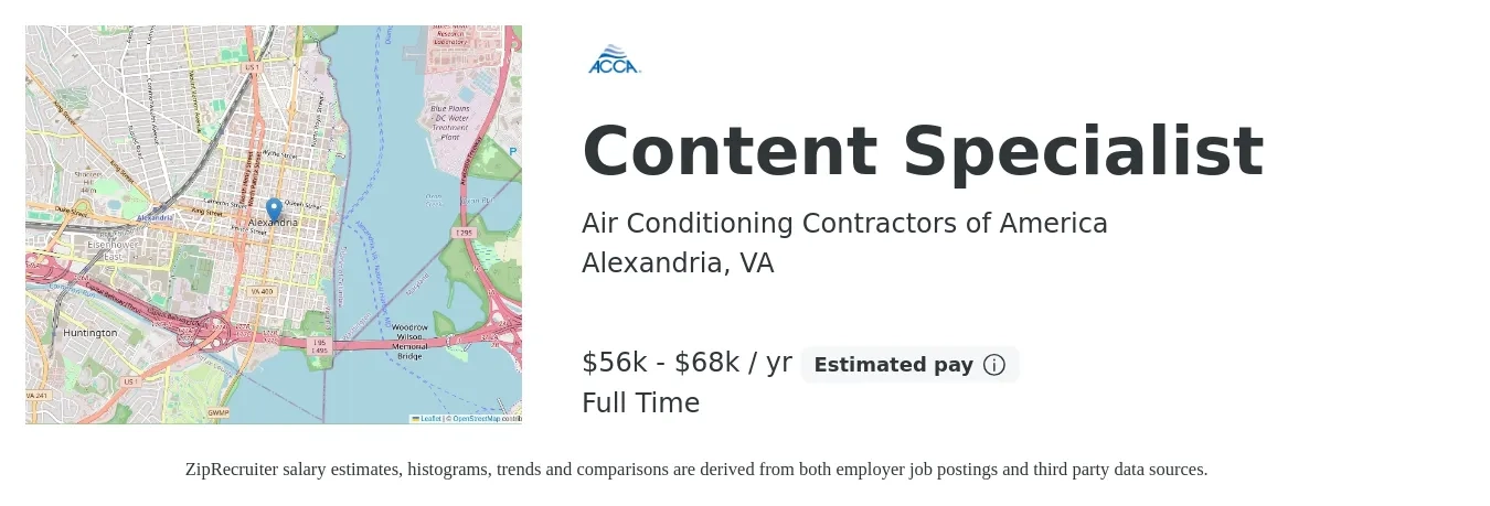 Air Conditioning Contractors of America job posting for a Content Specialist in Alexandria, VA with a salary of $56,000 to $68,000 Yearly with a map of Alexandria location.