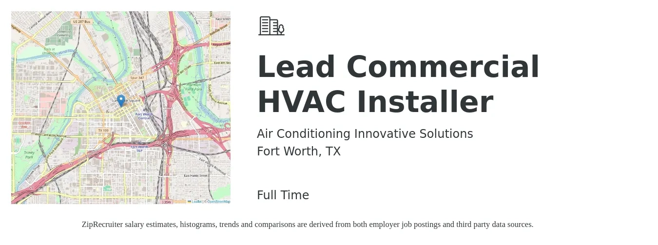 Air Conditioning Innovative Solutions job posting for a Lead Commercial HVAC Installer in Fort Worth, TX with a salary of $22 to $30 Hourly with a map of Fort Worth location.