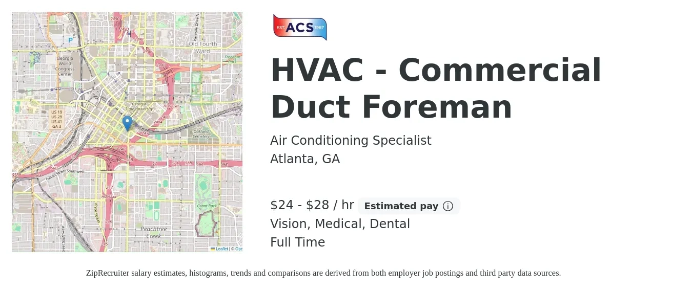 Air Conditioning Specialist job posting for a HVAC - Commercial Duct Foreman in Atlanta, GA with a salary of $25 to $30 Hourly and benefits including dental, life_insurance, medical, pto, retirement, and vision with a map of Atlanta location.