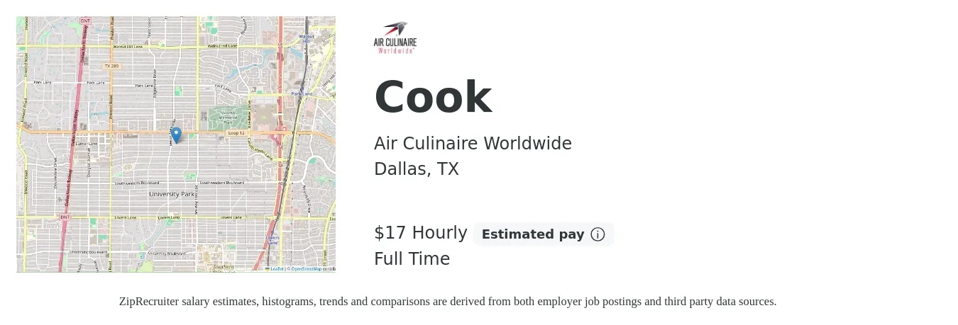 Air Culinaire Worldwide job posting for a Cook in Dallas, TX with a salary of $18 Hourly with a map of Dallas location.