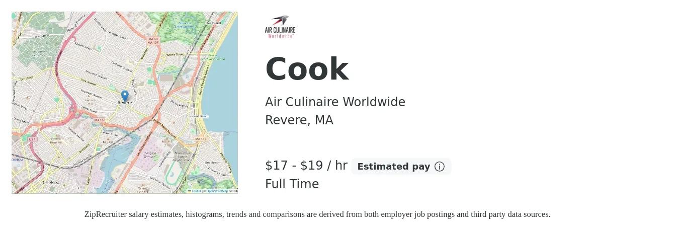 Air Culinaire Worldwide job posting for a Cook in Revere, MA with a salary of $18 to $20 Hourly with a map of Revere location.