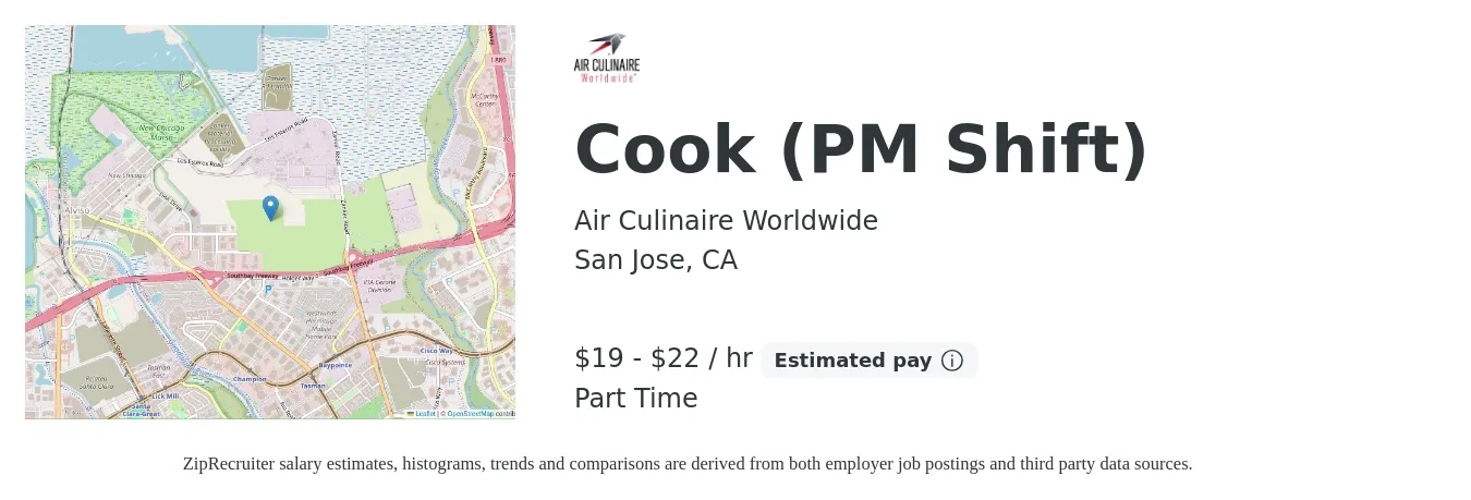 Air Culinaire Worldwide job posting for a Cook (PM Shift) in San Jose, CA with a salary of $20 to $23 Hourly with a map of San Jose location.