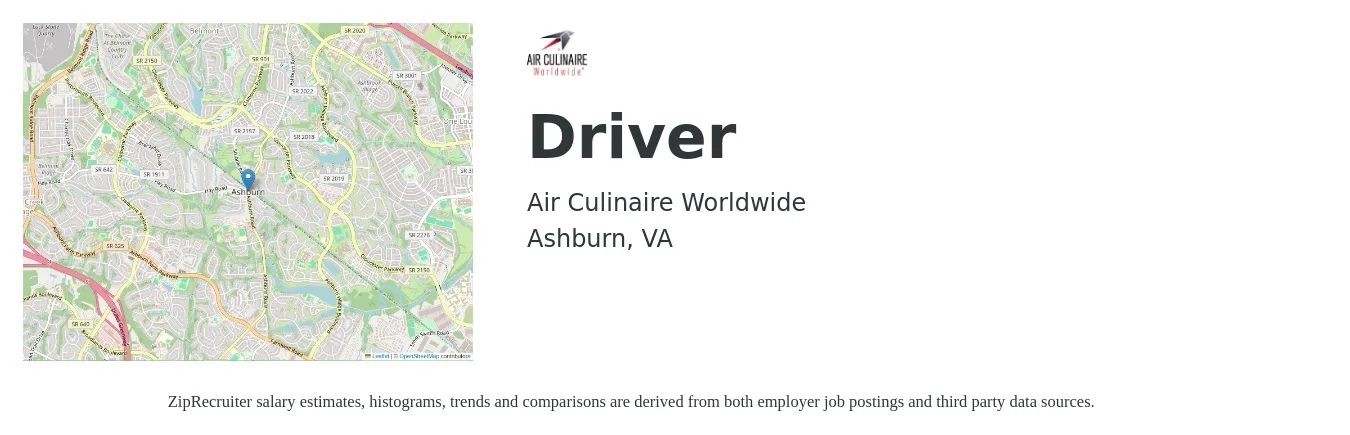 Air Culinaire Worldwide job posting for a Driver in Ashburn, VA with a salary of $15 to $22 Hourly with a map of Ashburn location.