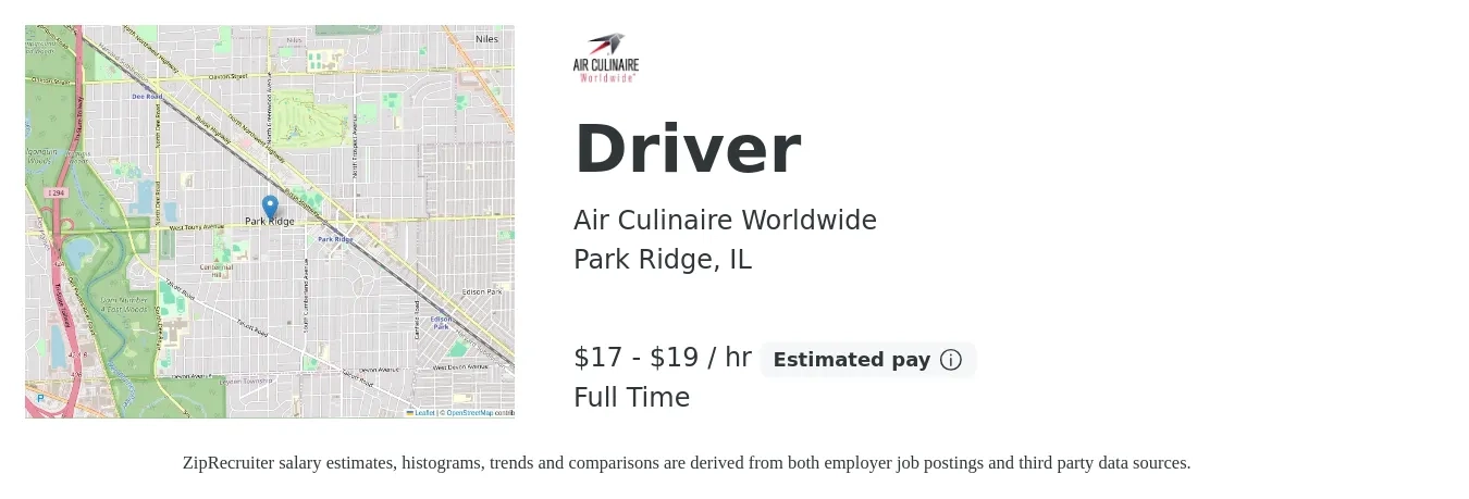 Air Culinaire Worldwide job posting for a Driver in Park Ridge, IL with a salary of $18 to $20 Hourly with a map of Park Ridge location.