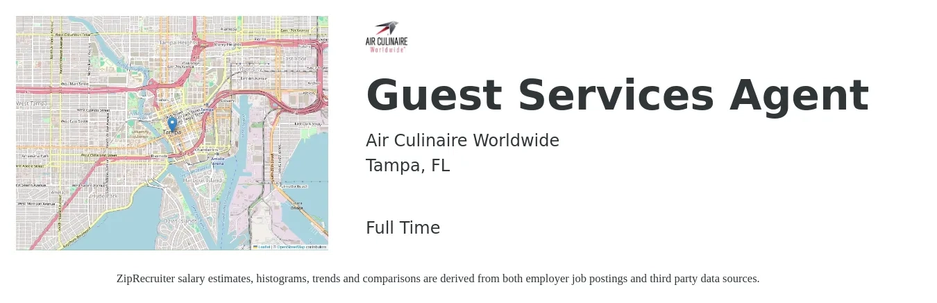 Air Culinaire Worldwide job posting for a Guest Services Agent in Tampa, FL with a salary of $14 to $18 Hourly with a map of Tampa location.