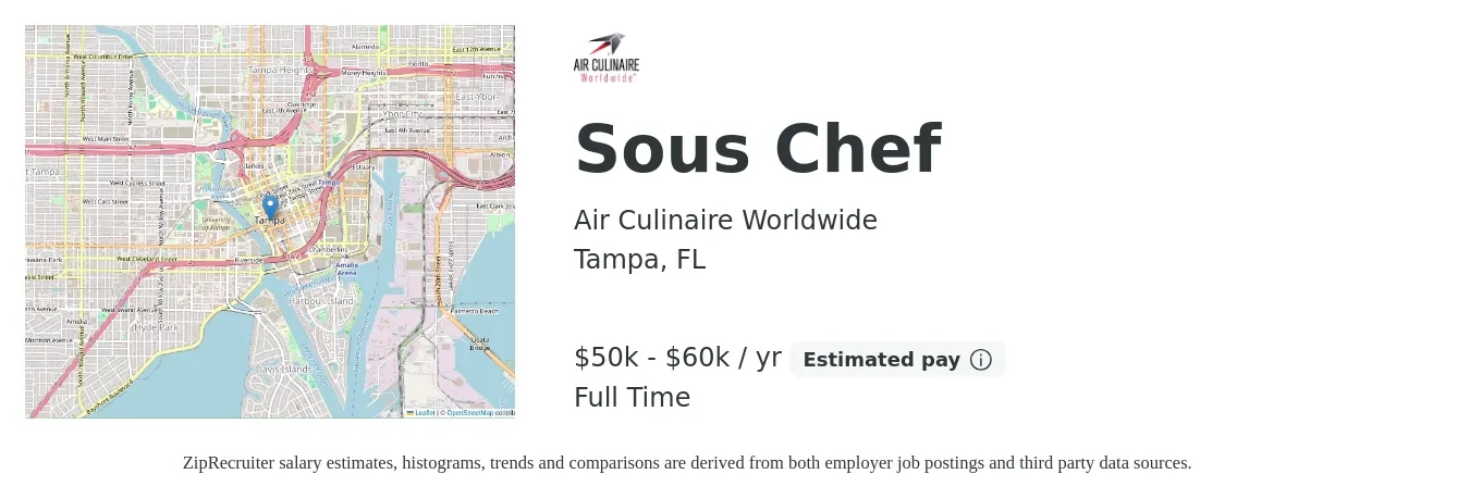 Air Culinaire Worldwide job posting for a Sous Chef in Tampa, FL with a salary of $50,000 to $60,000 Yearly with a map of Tampa location.