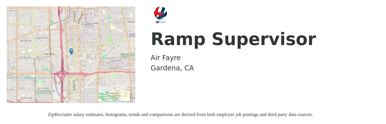 Air Fayre job posting for a Ramp Supervisor in Gardena, CA with a salary of $47,000 to $57,000 Yearly with a map of Gardena location.