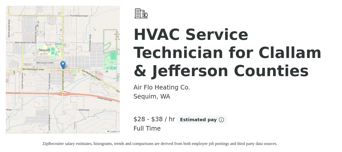 Air Flo Heating Co. job posting for a HVAC Service Technician for Clallam & Jefferson Counties in Sequim, WA with a salary of $30 to $40 Hourly with a map of Sequim location.