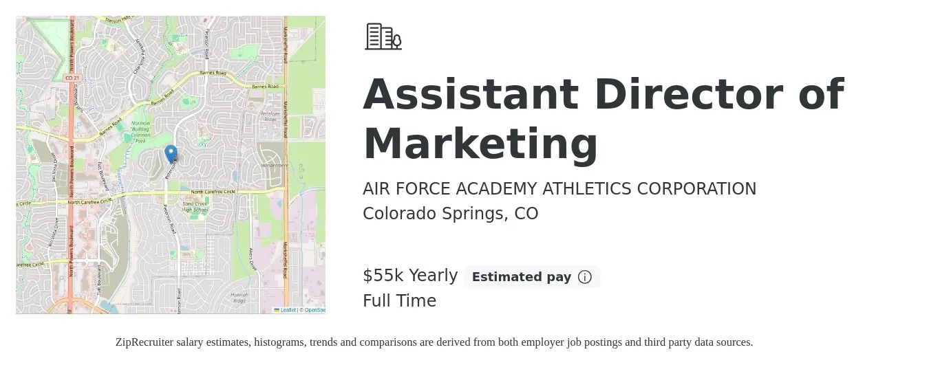 AIR FORCE ACADEMY ATHLETICS CORPORATION job posting for a Assistant Director of Marketing in Colorado Springs, CO with a salary of $55,000 Yearly with a map of Colorado Springs location.