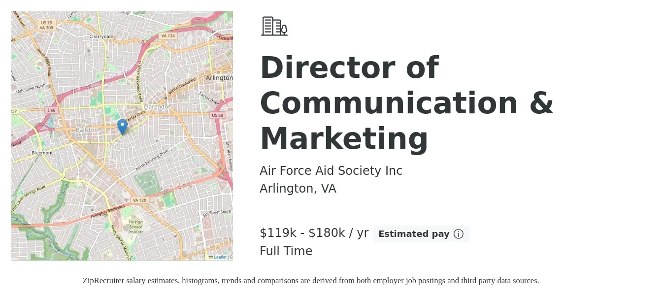 Air Force Aid Society Inc job posting for a Director of Communication & Marketing in Arlington, VA with a salary of $119,900 to $180,300 Yearly with a map of Arlington location.