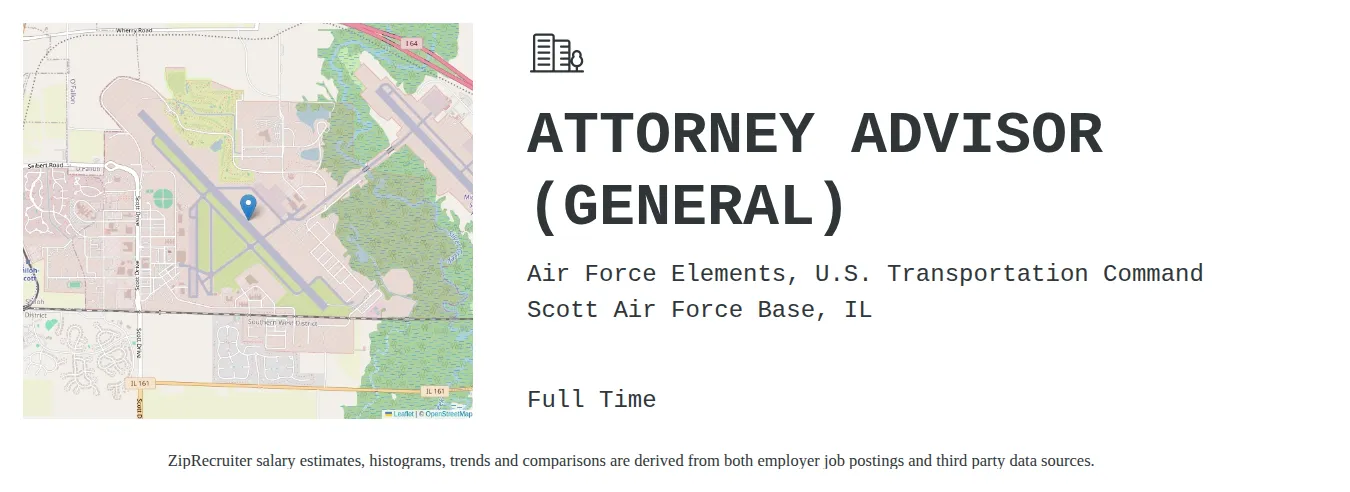 Air Force Elements U.S. Transportation Command job posting for a ATTORNEY ADVISOR (GENERAL) in Scott Air Force Base, IL with a salary of $19 to $32 Hourly with a map of Scott Air Force Base location.