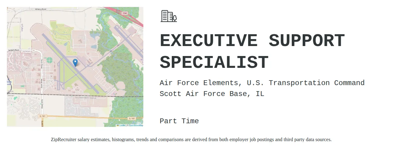 Air Force Elements U.S. Transportation Command job posting for a EXECUTIVE SUPPORT SPECIALIST in Scott Air Force Base, IL with a salary of $40,600 to $68,700 Annually with a map of Scott Air Force Base location.