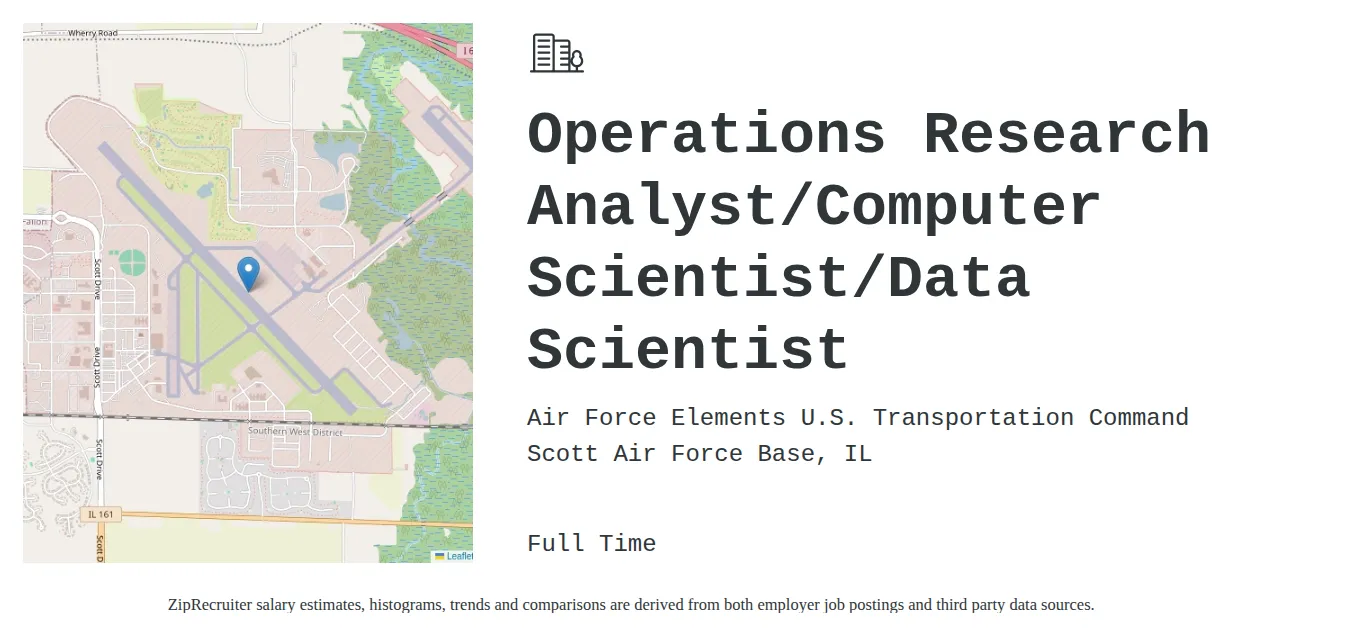 Air Force Elements U.S. Transportation Command job posting for a Operations Research Analyst/Computer Scientist/Data Scientist in Scott Air Force Base, IL with a salary of $48,800 to $49,300 Annually with a map of Scott Air Force Base location.