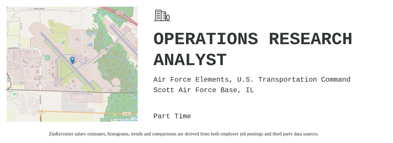 Air Force Elements, U.S. Transportation Command job posting for a OPERATIONS RESEARCH ANALYST in Scott Air Force Base, IL with a salary of $95,200 to $112,700 Annually with a map of Scott Air Force Base location.