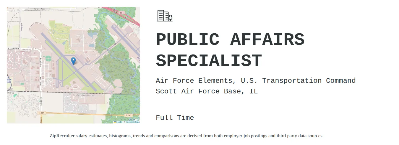 Air Force Elements U.S. Transportation Command job posting for a PUBLIC AFFAIRS SPECIALIST in Scott Air Force Base, IL with a salary of $63,800 to $108,300 Annually with a map of Scott Air Force Base location.