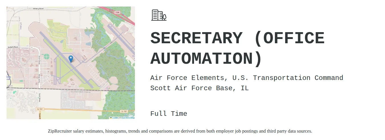 Air Force Elements, U.S. Transportation Command job posting for a SECRETARY (OFFICE AUTOMATION) in Scott Air Force Base, IL with a salary of $36,700 to $54,200 Annually with a map of Scott Air Force Base location.