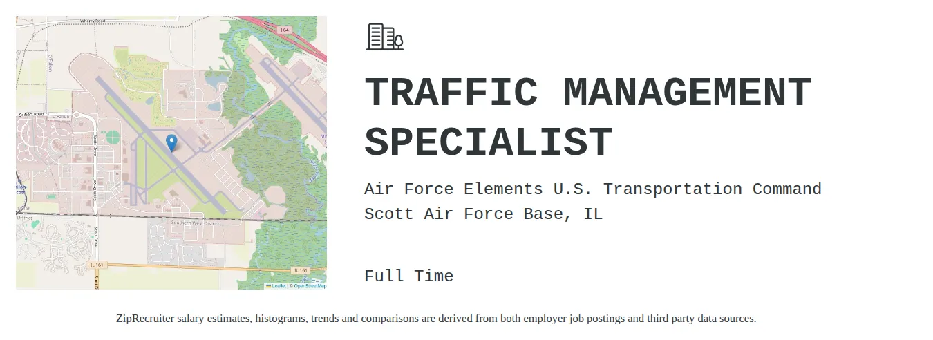 Air Force Elements, U.S. Transportation Command job posting for a TRAFFIC MANAGEMENT SPECIALIST in Scott Air Force Base, IL with a salary of $55,600 to $115,100 Annually with a map of Scott Air Force Base location.