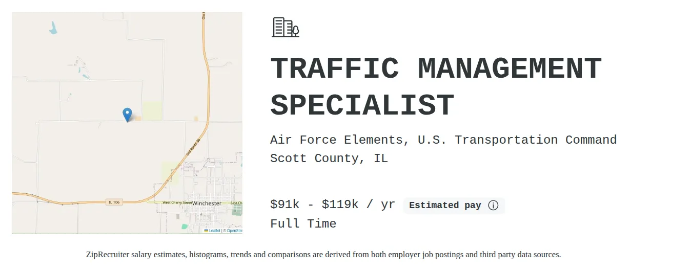 Air Force Elements, U.S. Transportation Command job posting for a TRAFFIC MANAGEMENT SPECIALIST in Scott-County, IL with a salary of $91,779 to $119,315 Annually with a map of Scott-County location.