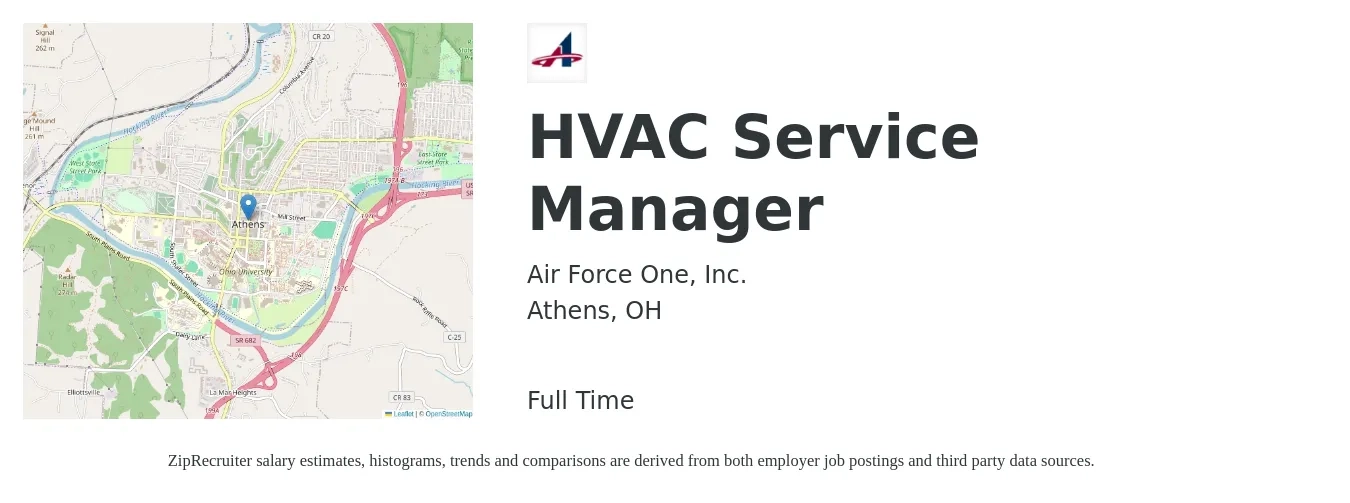 Air Force One, Inc. job posting for a HVAC Service Manager in Athens, OH with a salary of $63,700 to $93,100 Yearly with a map of Athens location.