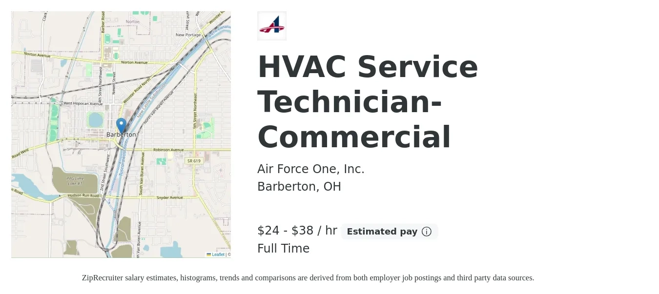 Air Force One, Inc. job posting for a HVAC Service Technician-Commercial in Barberton, OH with a salary of $25 to $40 Hourly with a map of Barberton location.