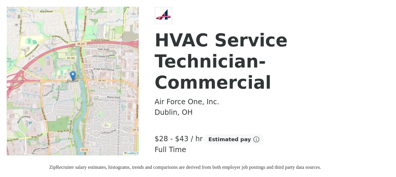 Air Force One, Inc. job posting for a HVAC Service Technician-Commercial in Dublin, OH with a salary of $30 to $45 Hourly with a map of Dublin location.