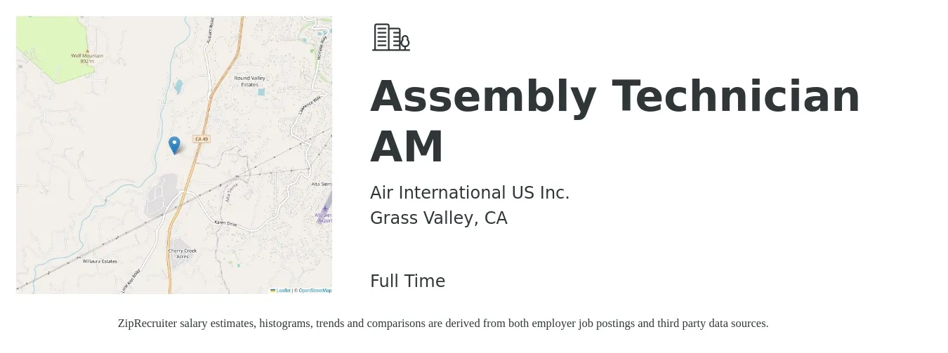 Air International US Inc. job posting for a Assembly Technician AM in Grass Valley, CA with a salary of $20 to $25 Hourly with a map of Grass Valley location.