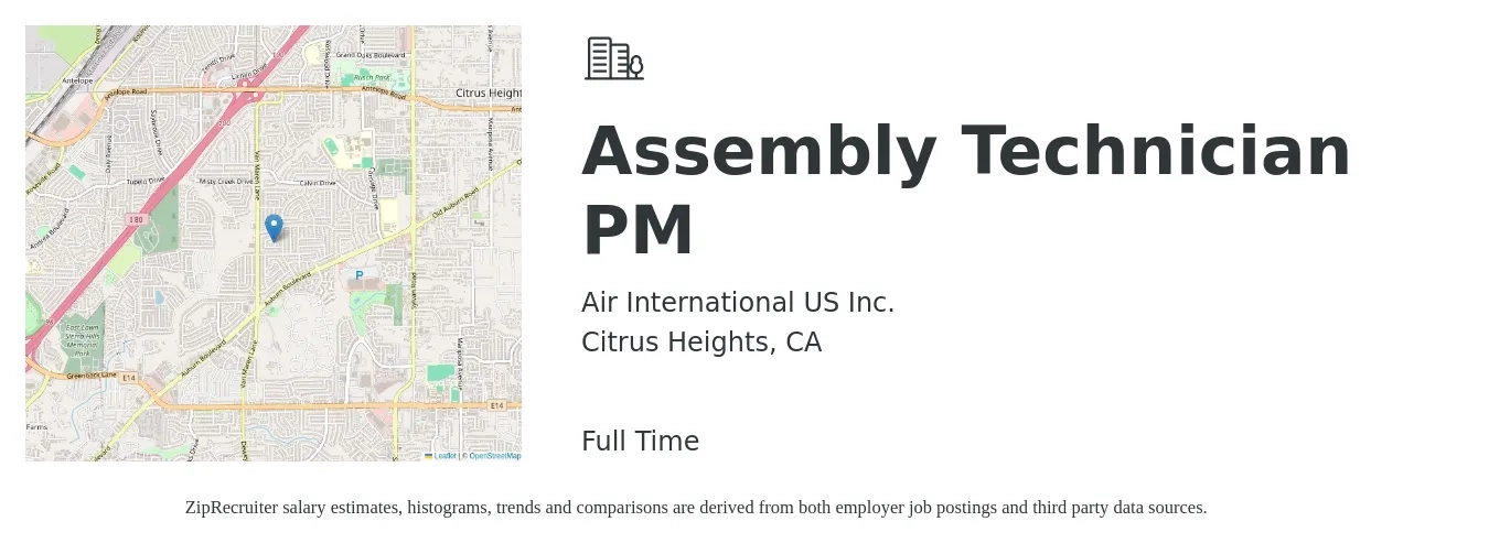 Air International US Inc. job posting for a Assembly Technician PM in Citrus Heights, CA with a salary of $18 to $23 Hourly with a map of Citrus Heights location.
